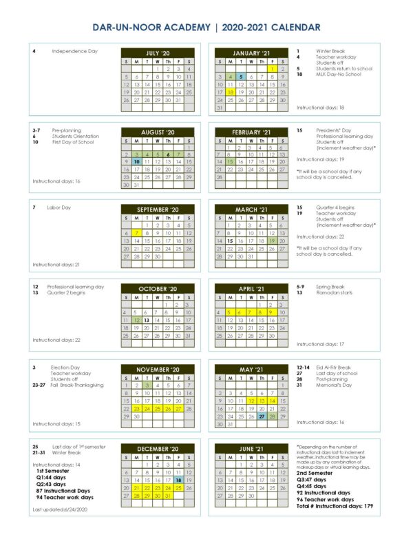 Academic Calendar Dar un Noor Academy