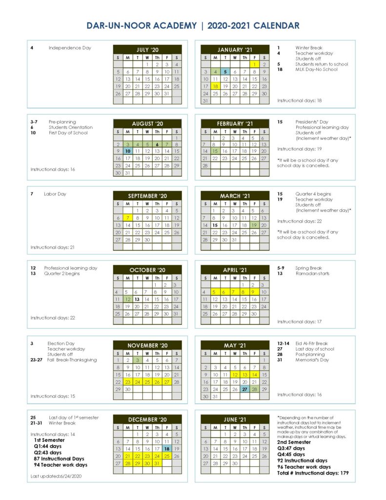 Academic Calendar – Dar un Noor Academy