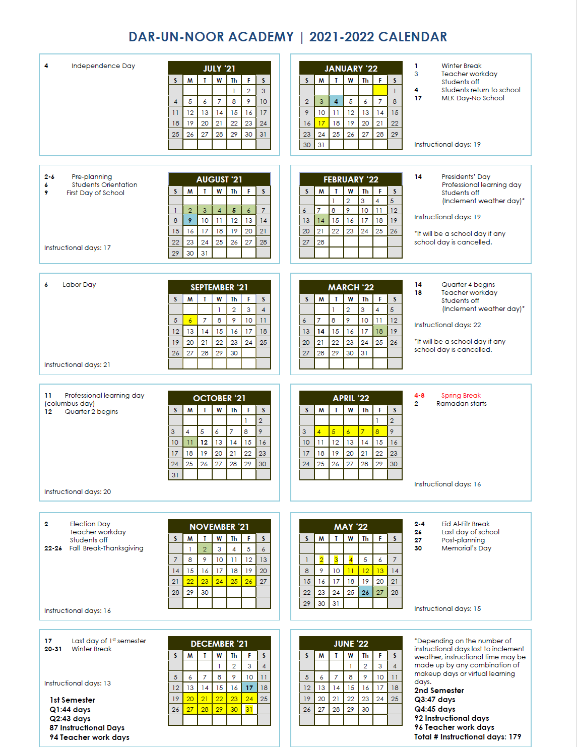 Academic Calendar Dar Un Noor Academy