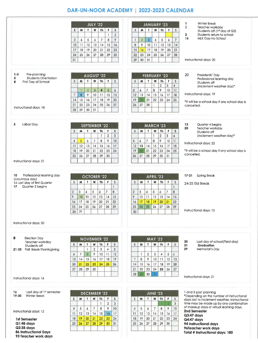 Academic Calendar – Dar un Noor Academy
